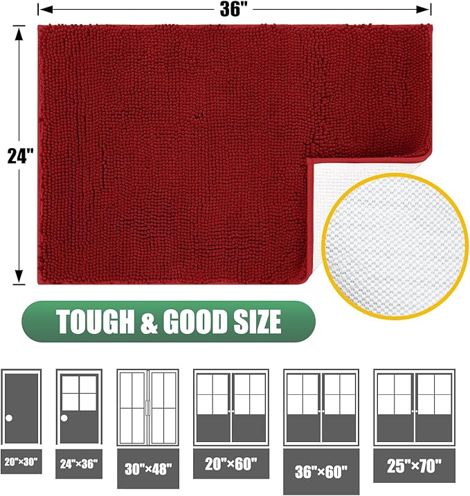 IM HOME Chenille Absorbent Outdoor Doormat 48" x 30", Washable Muddy Door Mats for Dog Non Slip Indoor Doormat Dog Mat for Muddy Paw Front Inside Doormats for Entryway Red Burgundy