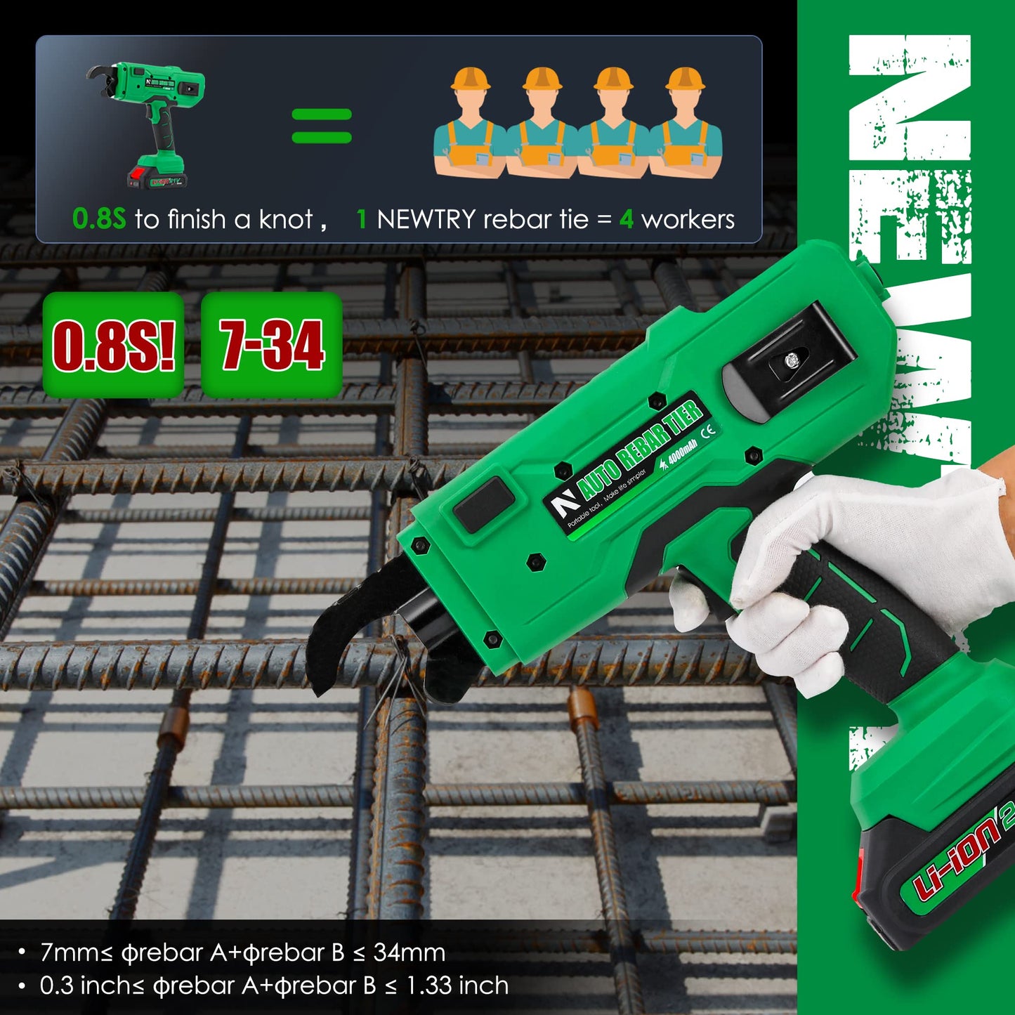 NEWTRY Cordless Rebar Tie Automatic Rebar Tying Gun Portable Steel Tie Tool with 2pcs 2000mAh Rechargeable Batteries for φ0.3"-1.33" Rebar