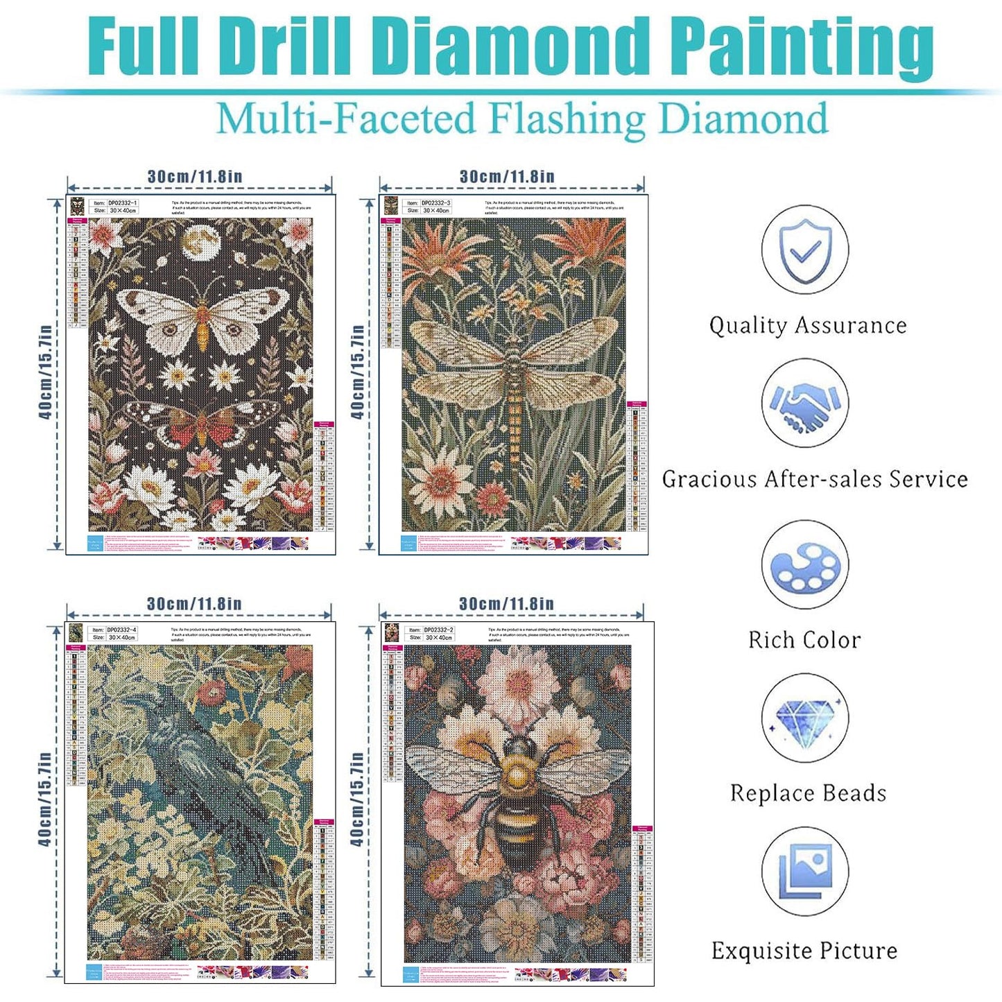 Square Diamond Painting Kits Square Drill Diamond Painting, Square Diamond Art, 4 Pack Dragonflies, Butterfly, Bees, Bird DIY Gem Art Kits for Adults and Crafts for Gifts and Home Wall Decor Gifts
