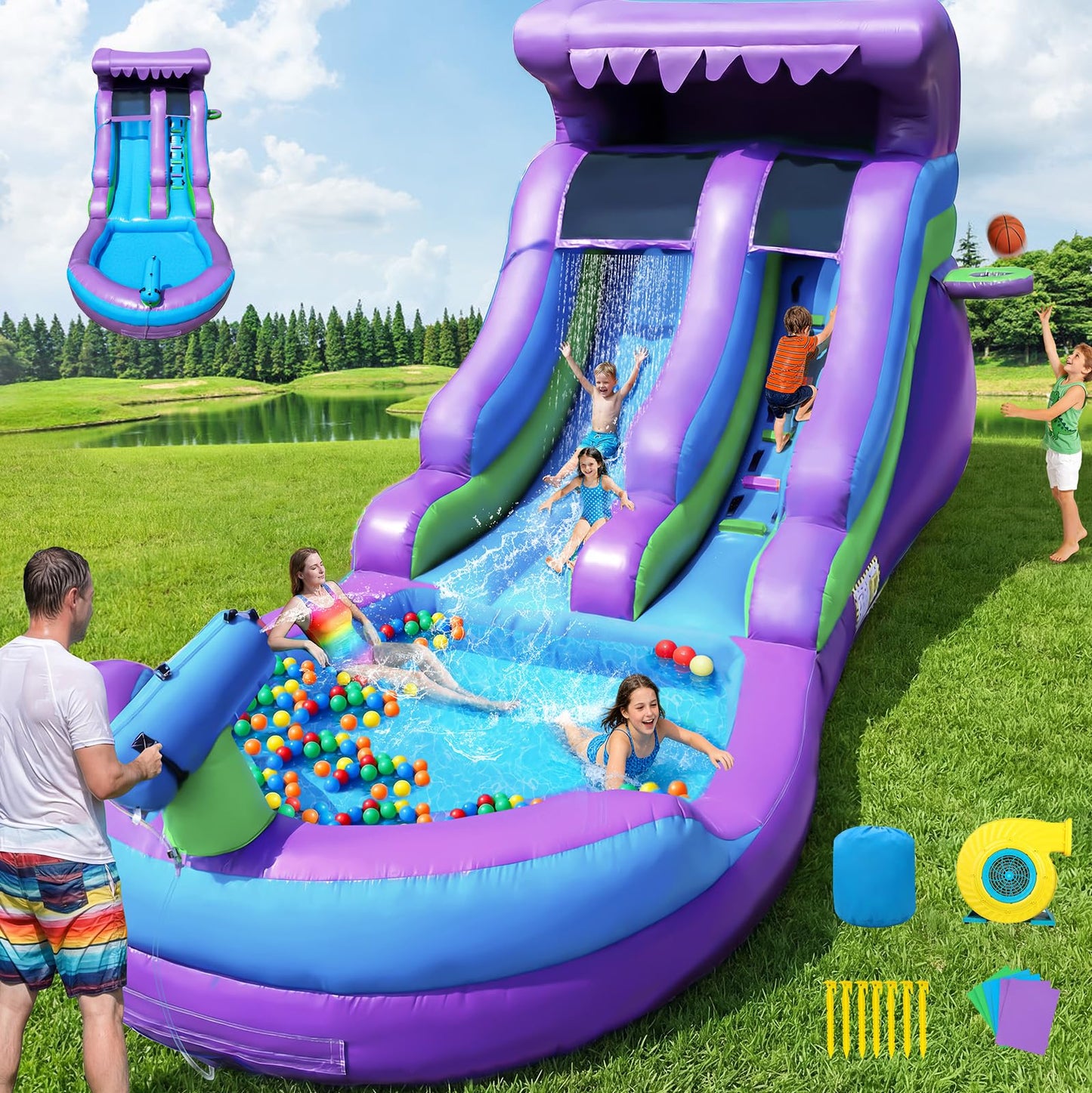 GYMMALL 21FT Inflatable Water Silde Commercial 100% PVC Grade for Adults and Kids, Blow up Heavy Duty Waterslide Bounce House with 750 W Blower and Large Pool for Outdoor, Party and Rental - Purple