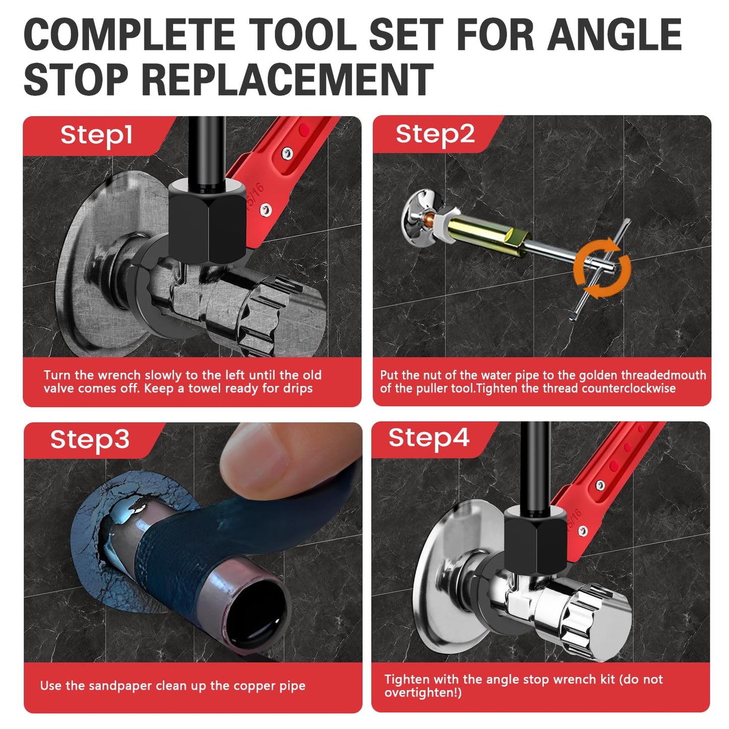 Vorhixa 6 Pcs Plumbing Tools Kit with Angle Stop Wrench & 1/2-Inch Compression Sleeve Puller, Professional Plumbers Wrench, Sandpaper and Storage Bag for Frozen/Corroded Angle Stop