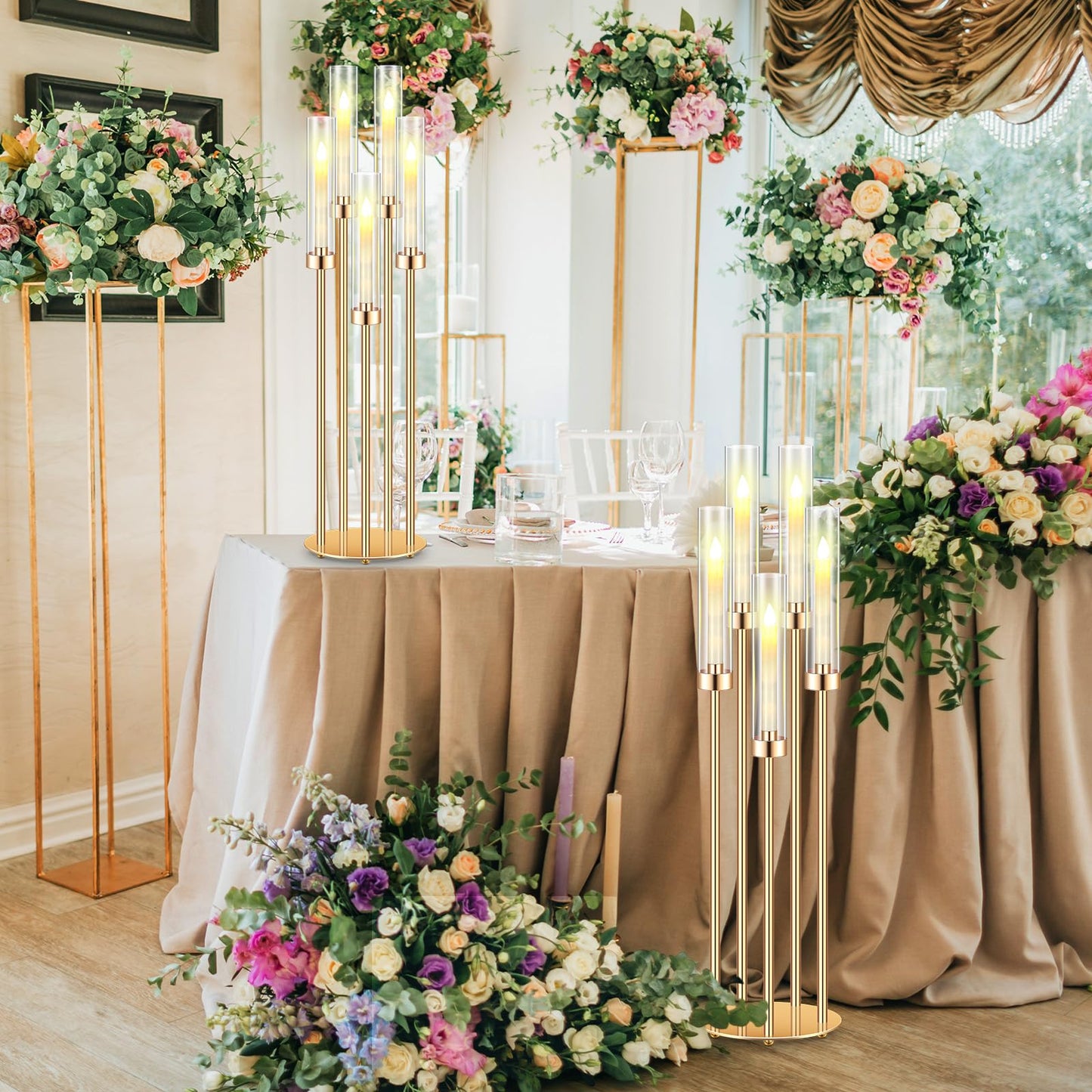 Tandefio 8 Pcs Acrylic Candelabra Centerpieces 35" Tall Clear Candle Holders Pillar Taper Candlestick with Lampshades 5 Arm Floor Candelabra Stand for Wedding Christmas Ceremony Dinner Party"