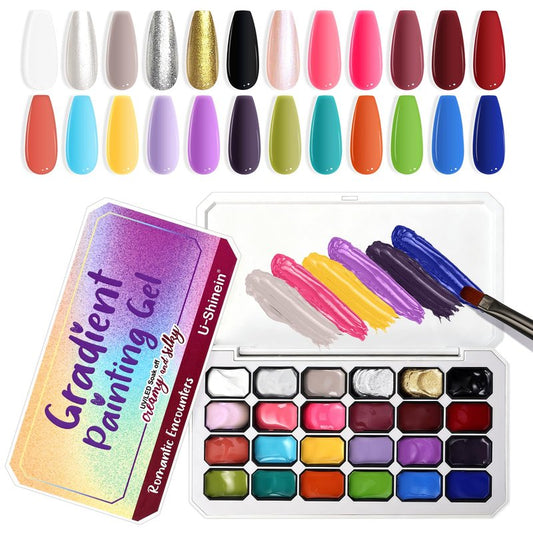 U-Shinein 24 Colors Gradient Nail Gel Palette, Hema＆TPO Free Bright Glitter Gold&Silver Pearlescent Ombre Gel Nail for Pigment Painting Pat Nails Gel, Perfect with Salon Pro DIY Home Nail Art (A)