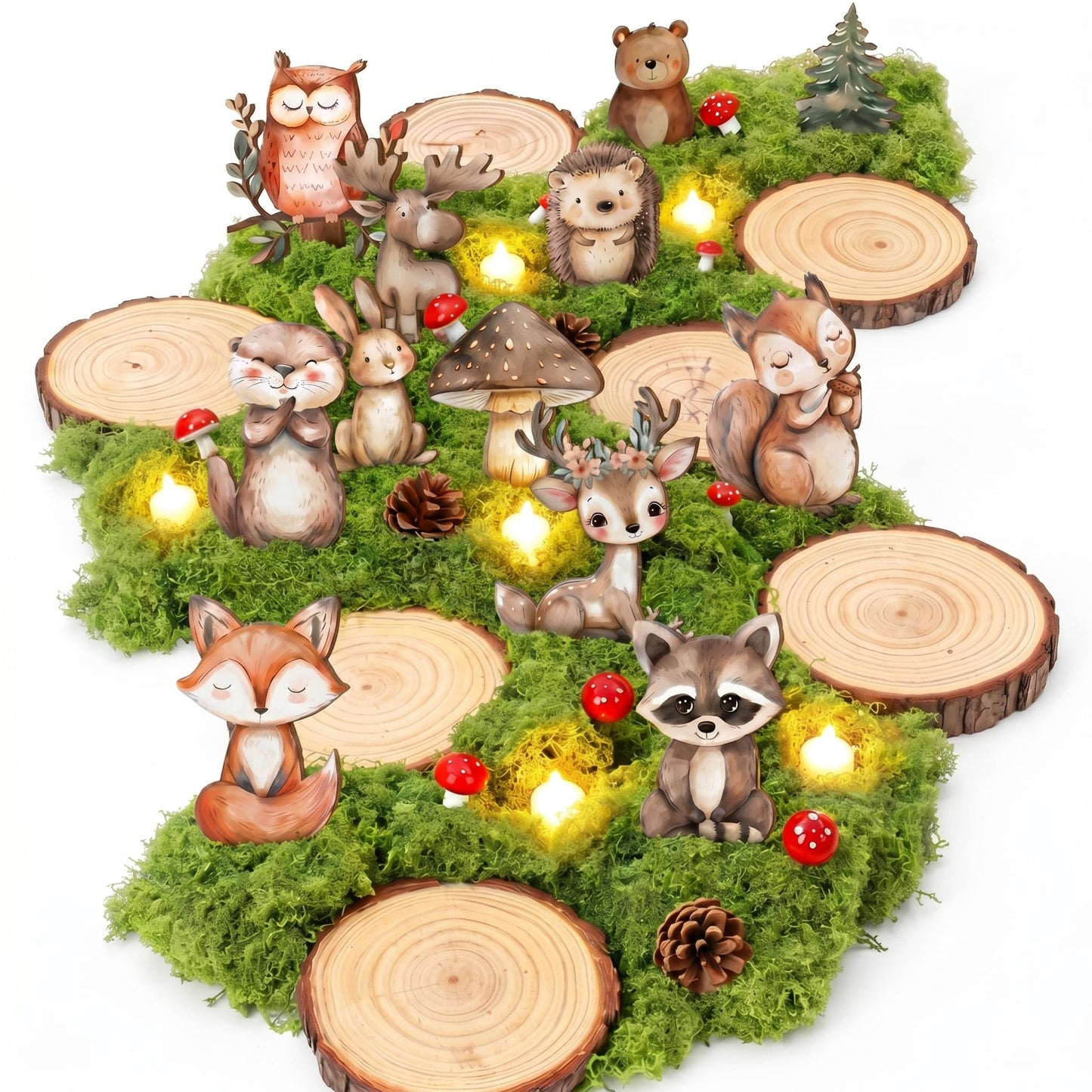 FineCheer 39 Pcs Woodland Animal Table Centerpieces Kit, 12 Forest Animals Wood Cutouts with Wood Rounds Moss Pine Cones Mushroom Decorations for Baby Shower Birthday Party Decor Set Nursery Supplies