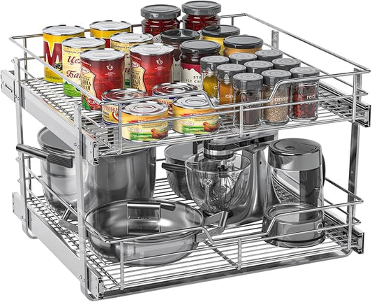 ZOINLIY Pull Out Cabinet Organizer, Versatile Slide Out Kitchen Organizers and Storage,Heavy Duty Drawer Cupboard Storage Basket, Smooth Sliding, Chrome Finish (2-Tiers-22Â¼''WÃ22âD)