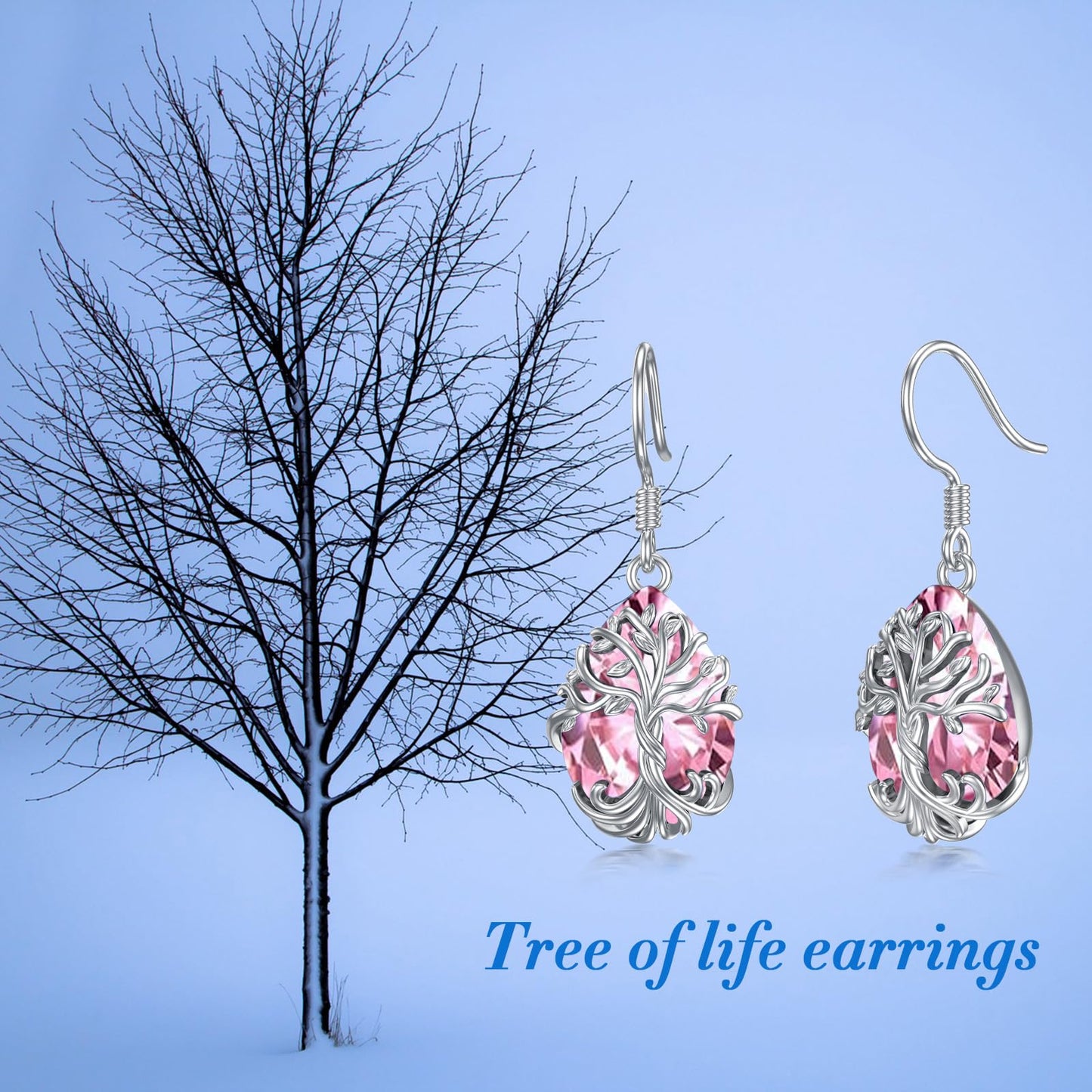 TOUPOP Pink Tourmaline Tree of Life Earrings Sterling Silver Teardrop October Birthstone Earrings Family Tree Pink Tourmaline Jewelry Birthday Mothers Day Gifts for Women Mom Her