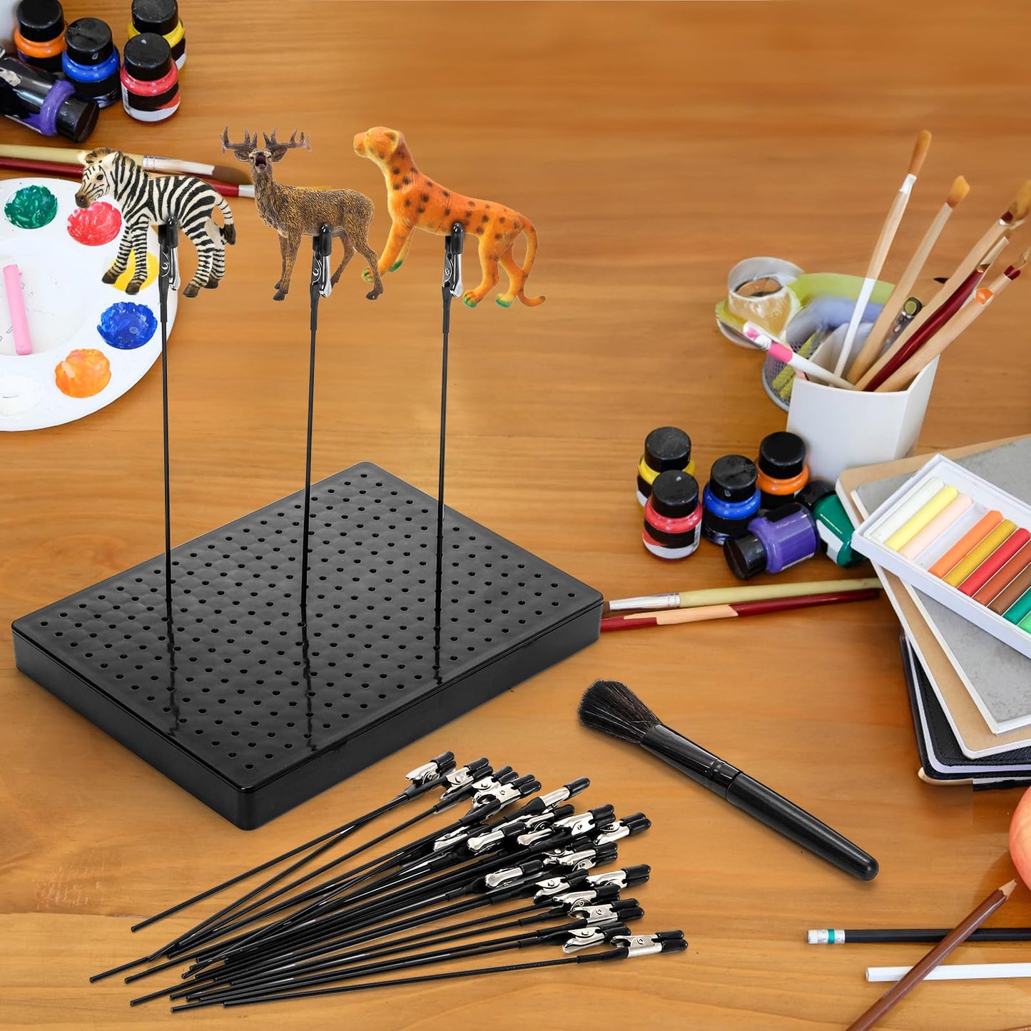 Tlence 19 x 14 Holes Model Painting Stand Base, 25 PCS Alligator Clip Sticks with Rubber Tips, Airbrush Spray Holder with Clean Brush, Clamping Tools Set for Model Parts Assemble DIY Crafts Photo Memo
