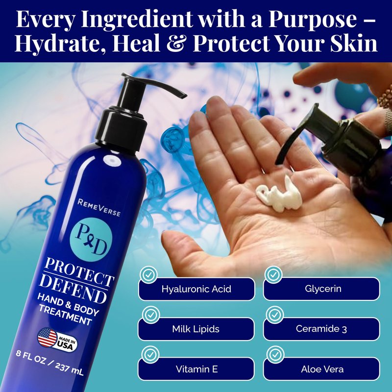 RemeVerse Protect & Defend Hand and Body Treatment Lotion - Moisturizer for Chemotherapy and Sensitive Skin - Hydrating and Nourishing Body Skin Care - Gentle & Fragrance-Free - Made in USA - 8 oz