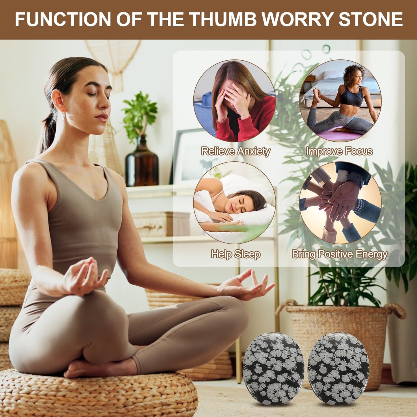 MECCANIXITY 2 Pcs Thumb Worry Stone for Anxiety, Alabaster Relief Crystals Hand Thumb Stones Pocket Gems Natural Polished for Yoga Meditation Relief
