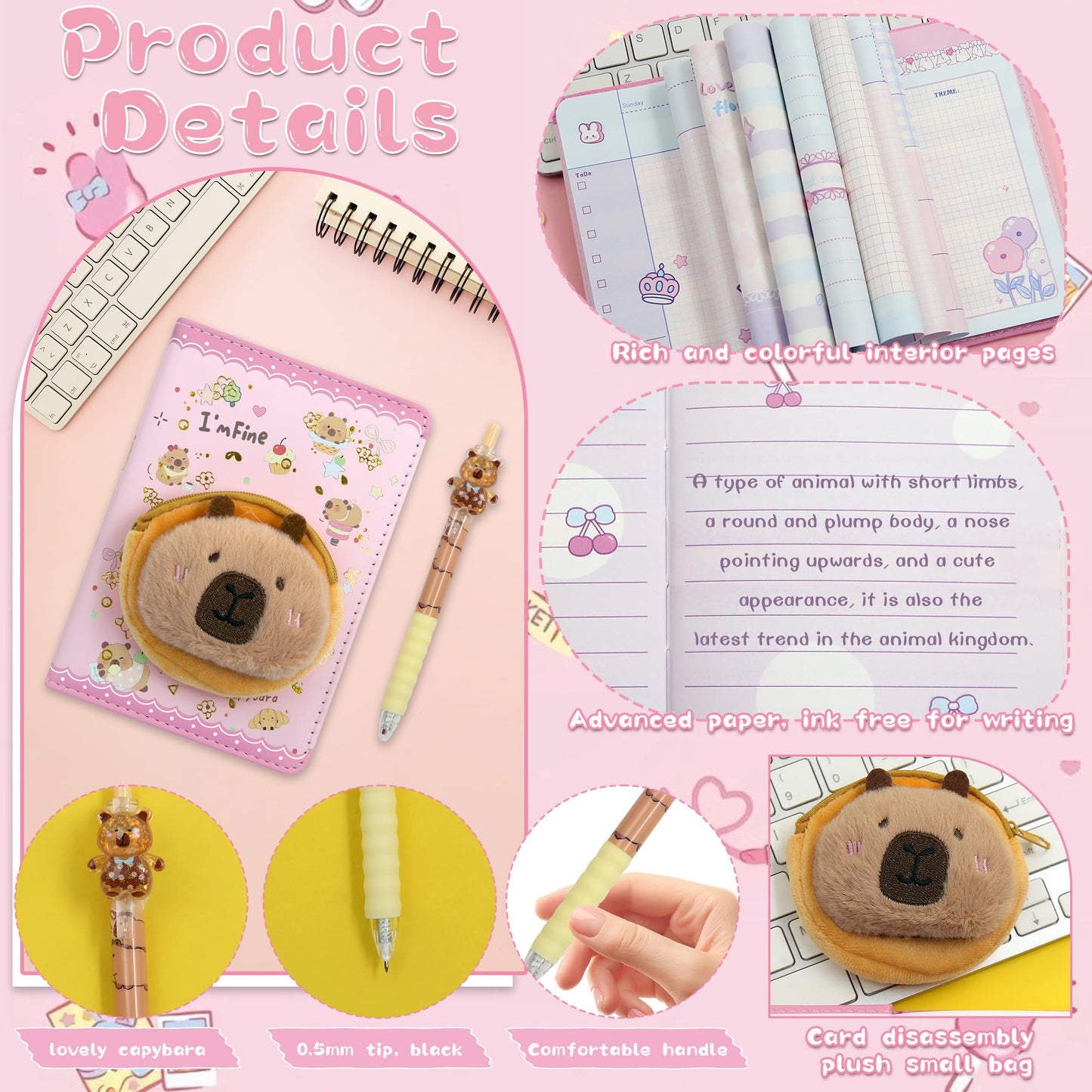 2 in 1 Plush Capybara Theme Stationery Gift Box Set,A6 Cute Pink Cartoon Animal Capybara Notebook Journal Memo Pads Notepad Soft Furry Diary with Pen Small Bag for Birthday Kids Girls Office School