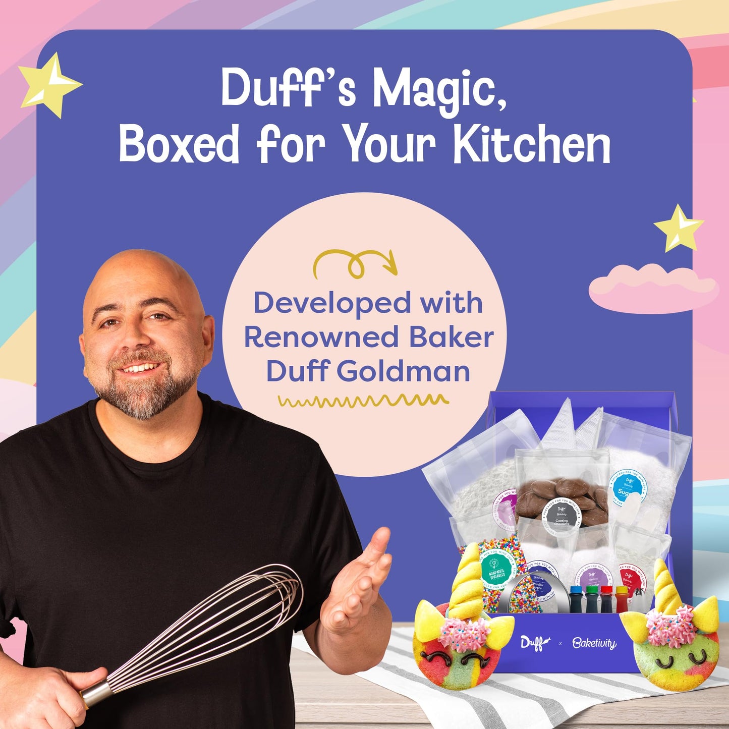 Baketivity x Duff Goldman Unicorn Cookies - Kids Baking Kit - Cooking Kits with Premeasured Ingredients, Decorating Supplies, STEM Activities - Kids Baking Sets for Girls, Boys Ages 6-12