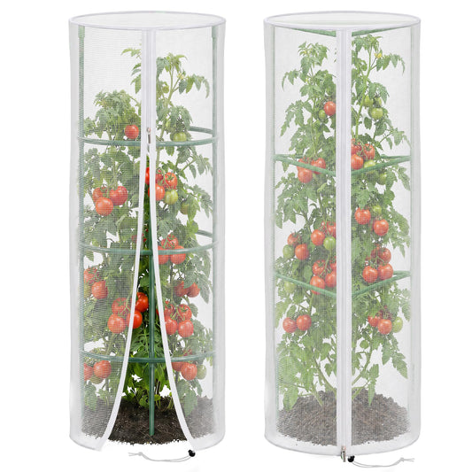 2 Pcs Garden Mesh Plant Cover for Round Tomato Cage, 57" x 15.7" Insect Bird Netting Protection Net Covers with Zipper & Drawstring, Garden Tomato Trellis Netting for Climbing Plants