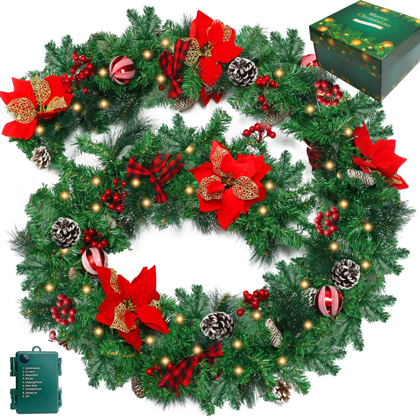 9FT Christmas Garland with 100 Lights Battery Operated,Artificial Prelit Garlands with Red Balls,Pine Cones,Cedar Branches,Christmas Decorations for Stairs Outdoor Indoor Holiday Home Fireplace Decor
