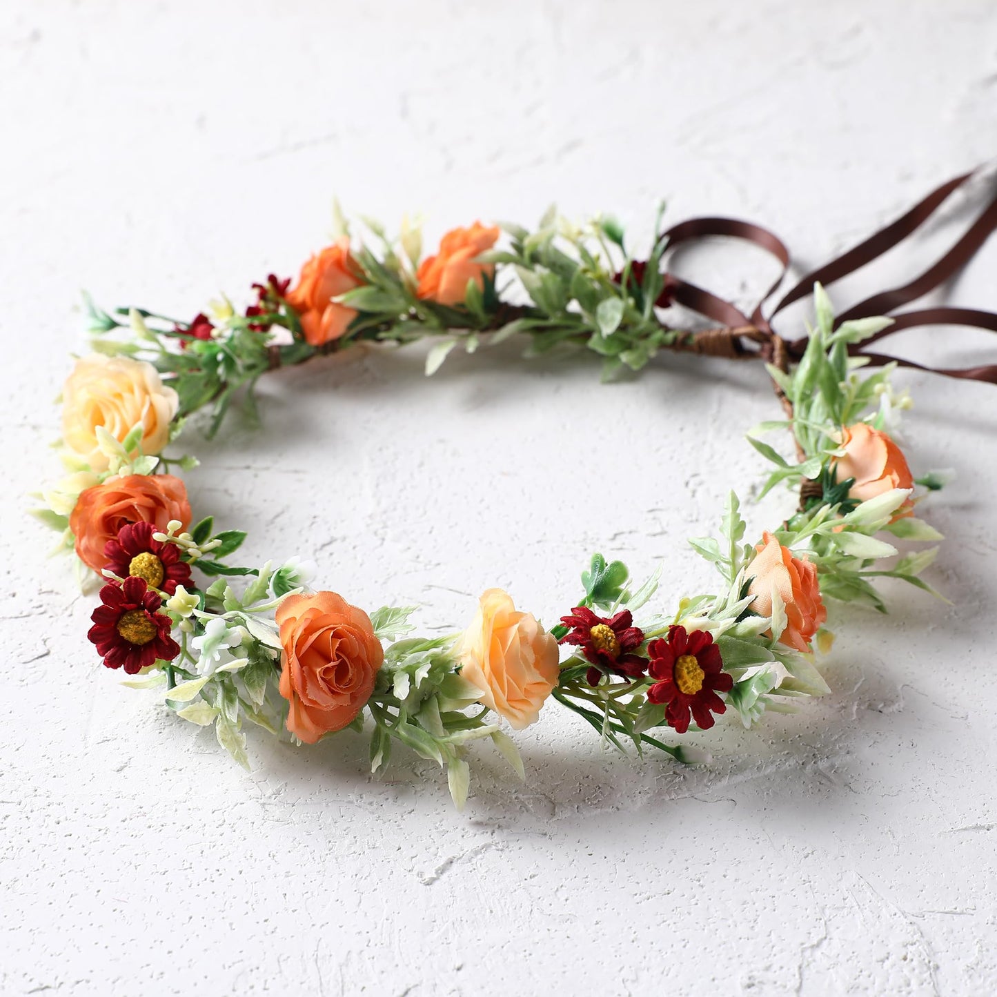 KorViSHOW Floral Crown Women Girls - Orange Boho Floral Headpiece with White Green Leaves Charming Fairy Flower Headband for Wedding Photo Shoot Festivals