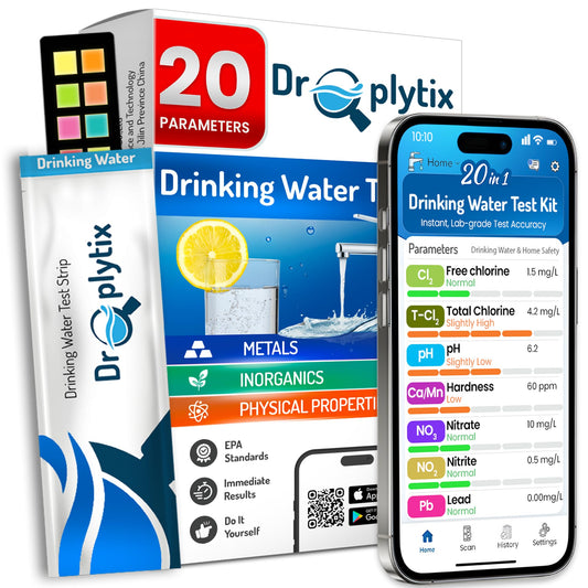 DROPLYTIX 20-in-1 Drinking Water Test Kit with Mobile App, Lab-Precision Home Water Testing Strips for Tap and Well Water, Tests pH, Hardness, Lead, Iron, Chlorine, Nitrate, Fluoride, Heavy Metals