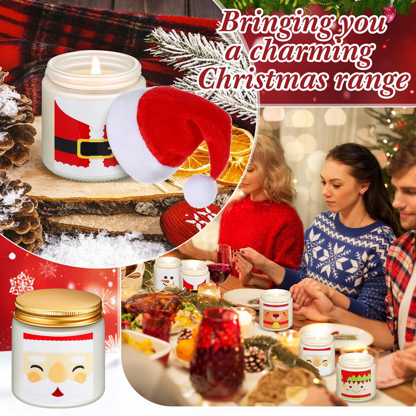 Conelist 48 Pack Christmas Scented Candles Jar Set Include 24 Pcs 7oz Soy Wax Aromatherapy Candles and 24 Pcs Mini Santa Hat Holiday Party Favor Gift Bulk for Women Men Adult Coworker