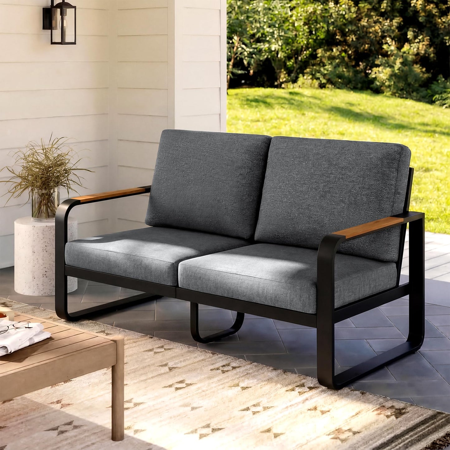 Tribesigns Outdoor Loveseat with Tall Back & Oversized Seat, Modern Metal Frame Patio 2-Seater Sofa with 6'' Thick Cushions, All-Weather Conversation Sofa for Backyard, Porch, Balcony, Poolside, Gray