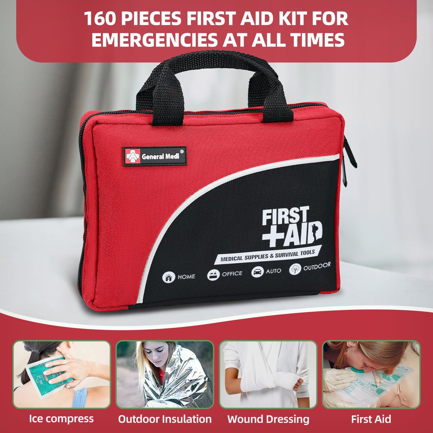 First Aid Kit -160 Pieces Compact and Lightweight - Including Cold (Ice) Pack, Emergency Blanket, Moleskin Pad,Perfect for Travel, Home, Office, Car, Camping, Workplace (Red)