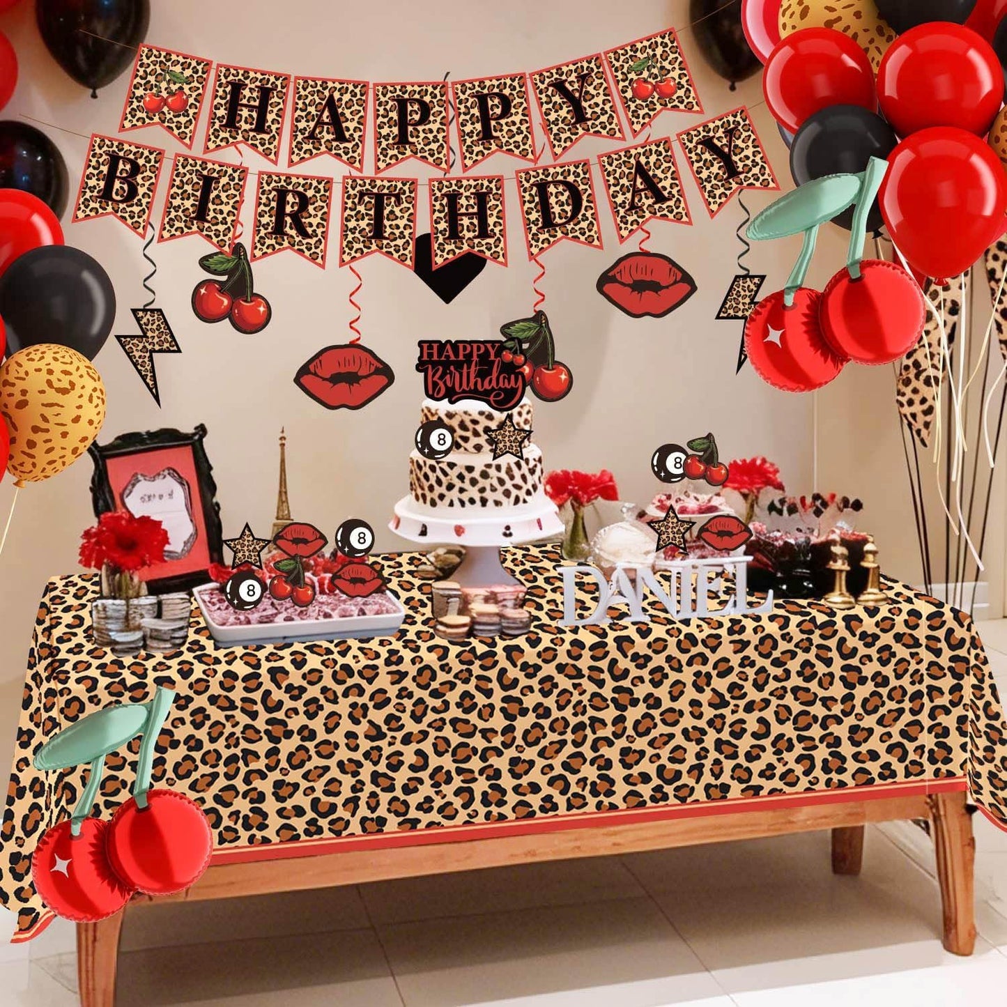 Cheetah Print Birthday Backdrop Decorations Kit, Black Red Cherry Leopard Print Balloons Birthday Banner Sash Hanging Swirls Pom Poms Cake Cupcake Topper for Girls Women