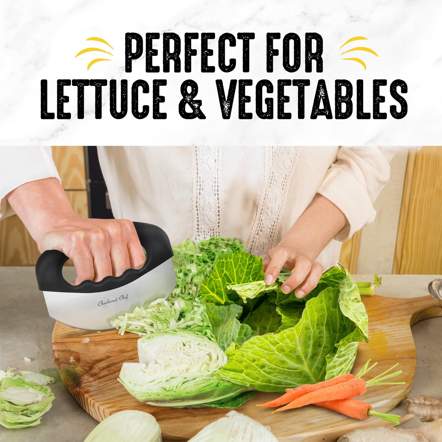 Checkered Chef Salad Chopper Tool with Cover, Mezzaluna Knife Stainless Steel Vegetable Rocker, Mincer, Cutter