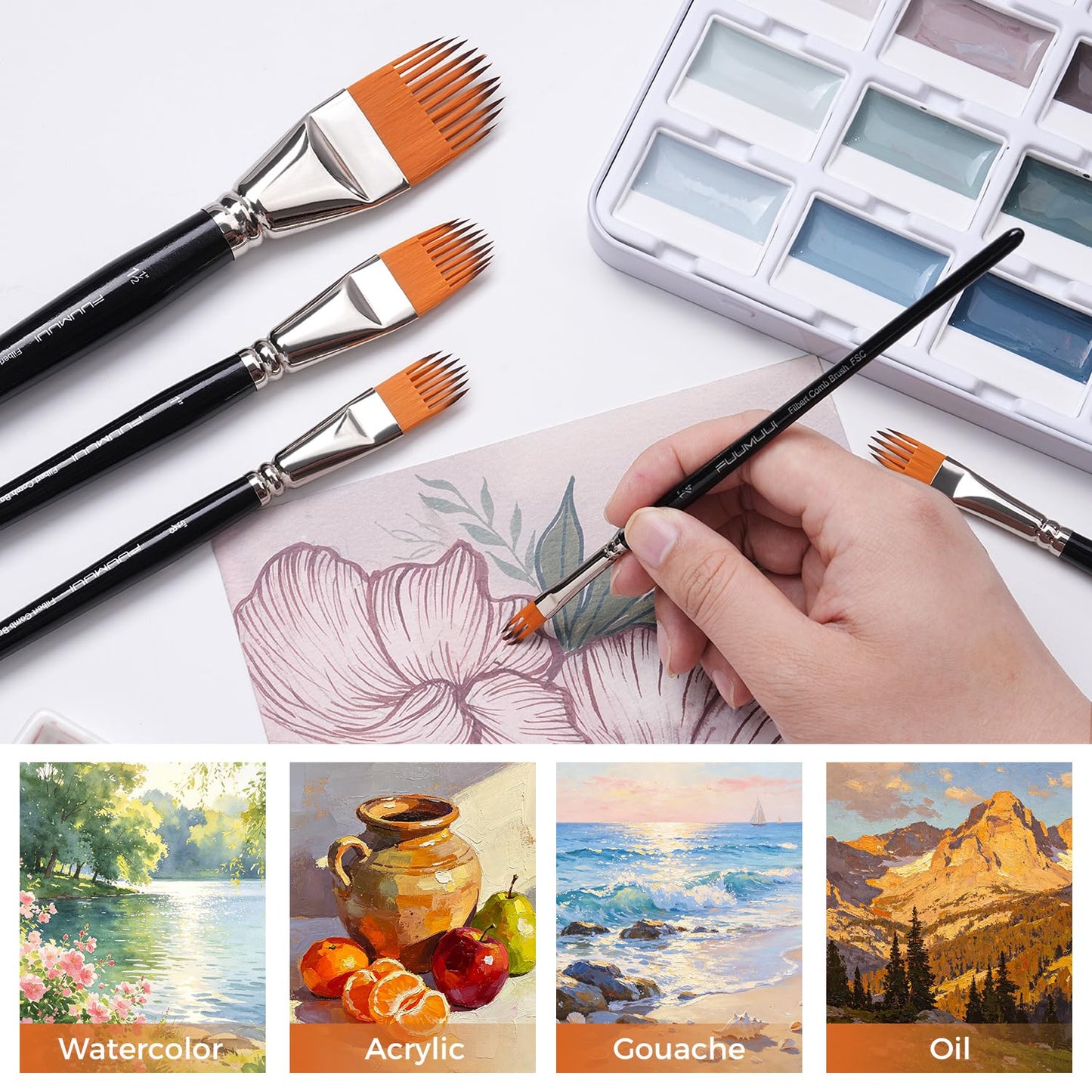 Fuumuui 5-PC Grainer Brush Set for Wood Grain, Fur & Grass Textures Professional Filbert Paint Brush Comb for Acrylic, Watercolor, Oil Painting Artist & Beginner Friendly