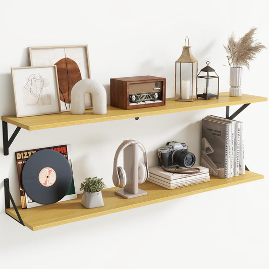 Acovy Floating Shelves for Wall,48" Wx8 D Wood Wall Shelves,Hanging Storage Floating Shelf with Metal Brackets,Wide Floating Bookshelf for Living Room,Office,Bedroom,Bathroom,Set of 2,Oak
