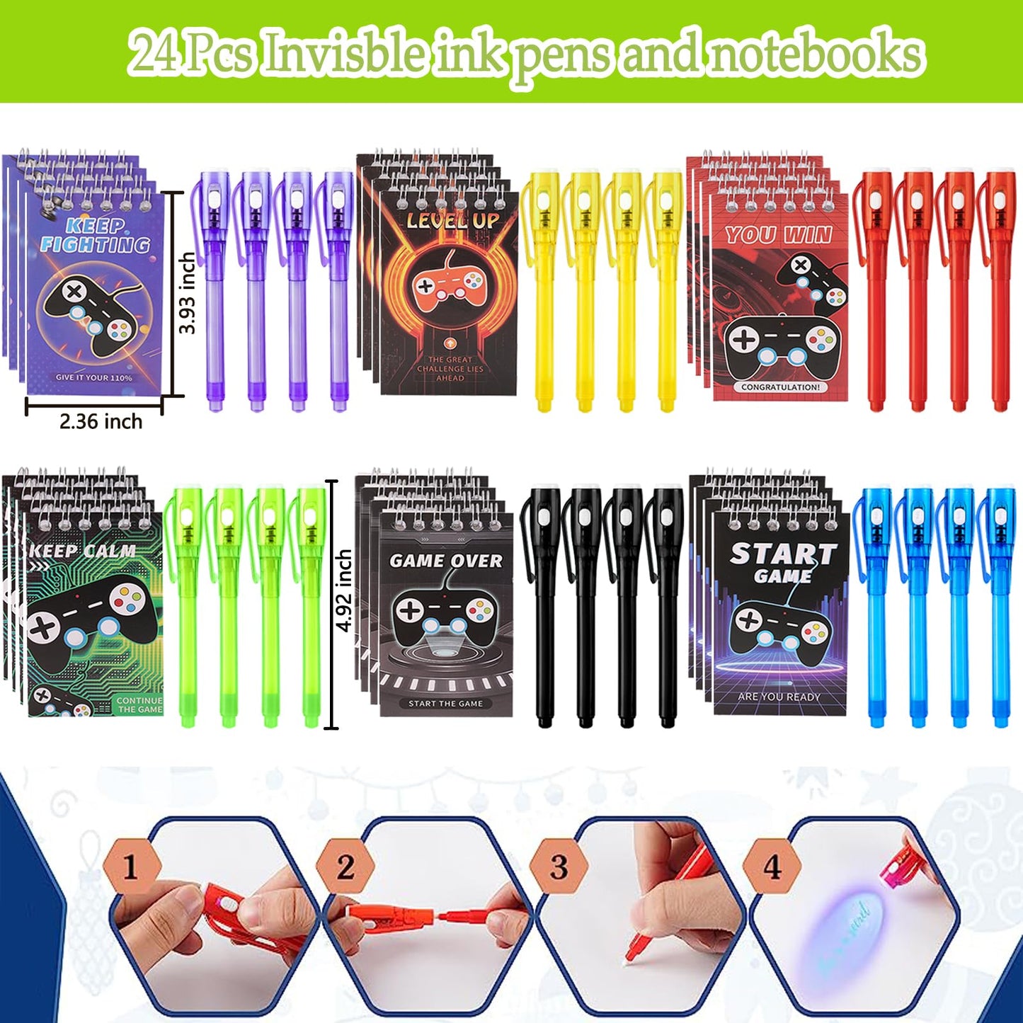 EODVICS 120 Pcs Video Game Party Favors for Kids - Goodie Bag Stuffers with Invisible Ink Pens, Mini Notebooks, Silicone Bracelets, Controller Keychains, Gaming Birthday Party Supplies