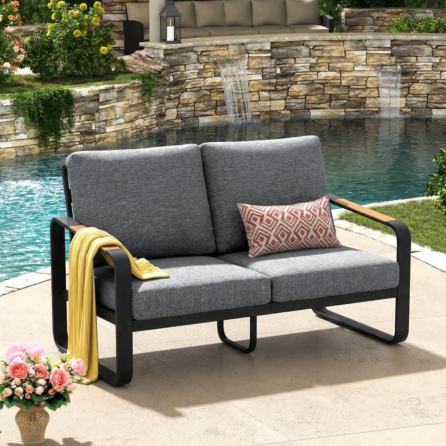 Tribesigns Outdoor Loveseat with Tall Back & Oversized Seat, Modern Metal Frame Patio 2-Seater Sofa with 6'' Thick Cushions, All-Weather Conversation Sofa for Backyard, Porch, Balcony, Poolside, Gray