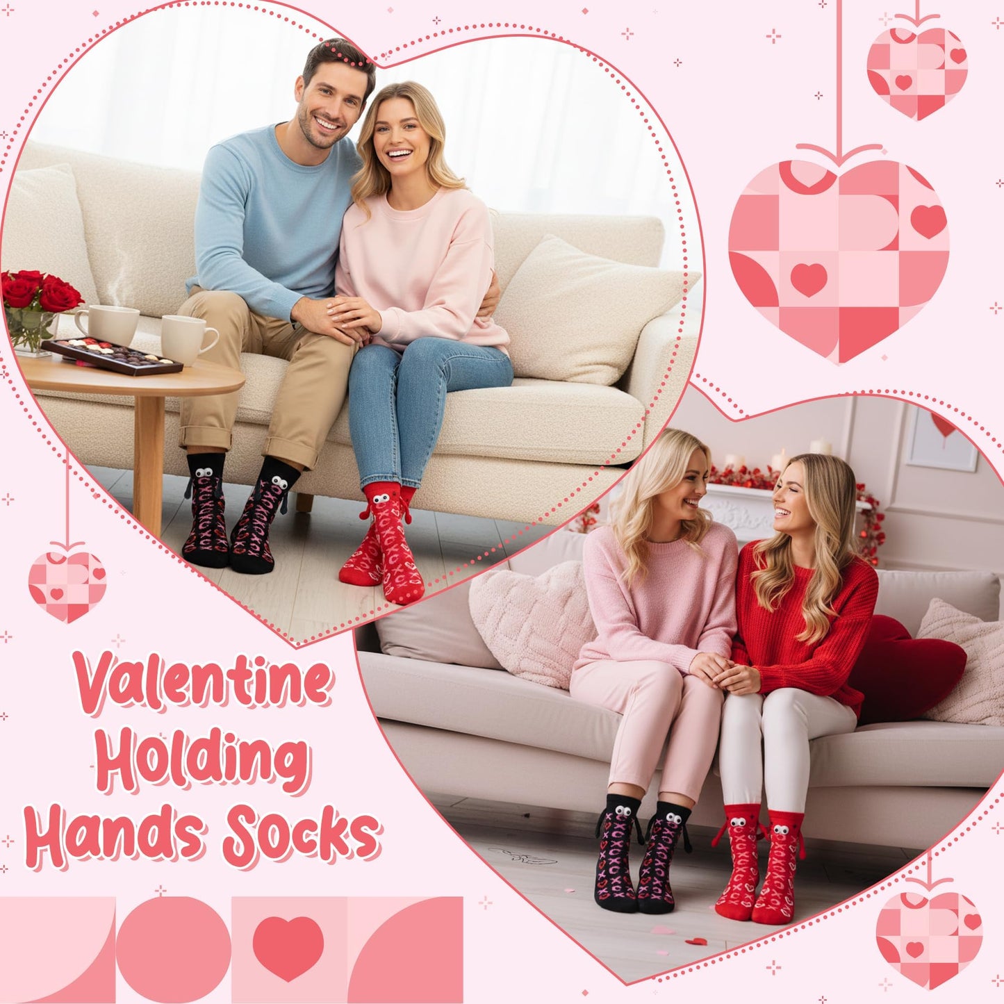 R HORSE Valentine's Day Holding Hands Socks 2 Pairs Funny Magnetic Women Men Couple Socks, Novelty Friendship Couple Gag Valentine Gift for Boyfriend Girlfriend Teens