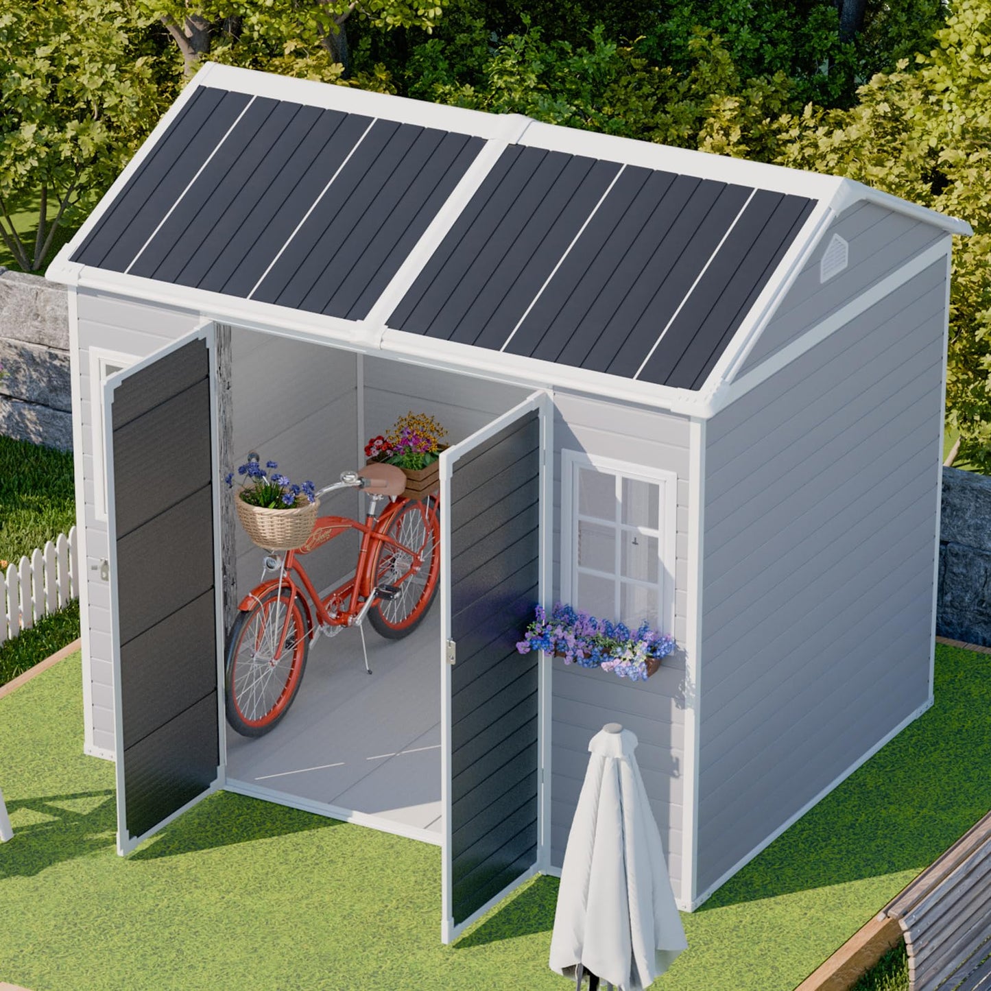 8x6 Shed, Heavy-Duty Outdoor Storage Shed with Floor, Waterproof Plastic Resin Garden Shed for Backyard, Tool Storage with Lockable Double Doors Awning Windows