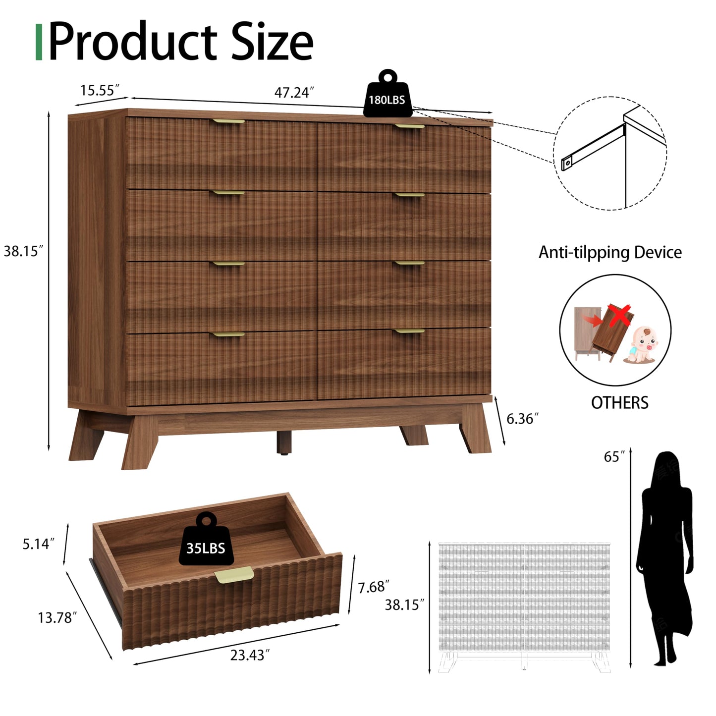 Xixini Fluted Dresser for Bedroom with 8 Drawers, 48" Wide Modern Chest of Drawers with Metal Handle, Wooden Dresser TV Stand, Wood Closet Clothes Storage Organizer for Living Room, Hallway, Walnut