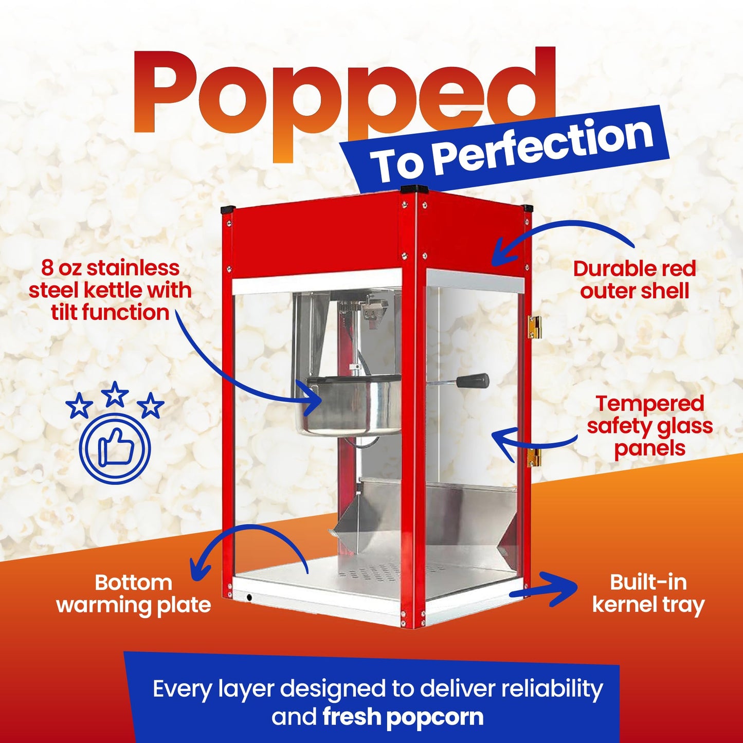Popcorn Machine - Electric Popcorn Popper | Stainless Steel Kettle With Scoops, Bags, Cups & Shaker | Countertop Machine, Theater Style | Ready in 5 Minutes | 1500 W | Red, 8 oz (64 Cup Capacity)