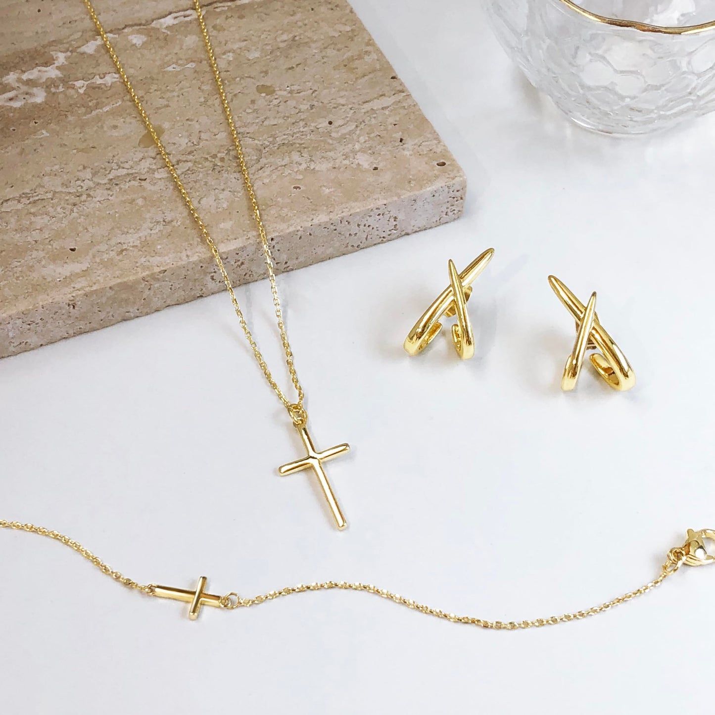 HAXIYA Gold Cross Necklace Set for Women Cross Bracelet Dainty Simple Minimalist Gold Stud Earrings Jewelry Sets Pack of 3 Party Prom Gift