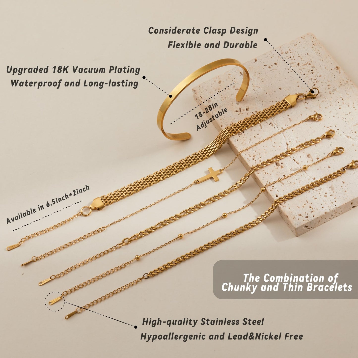 LOFITOR Gold Bracelets for Women Dainty Non Tarnish Link Chain Bracelets Set for Women Trendy Adjustable Chunky Thin Bracelets Stack Layered With Cuff Beaded Cuban Rope CZ Heart Cross Jewelry Gifts Cross