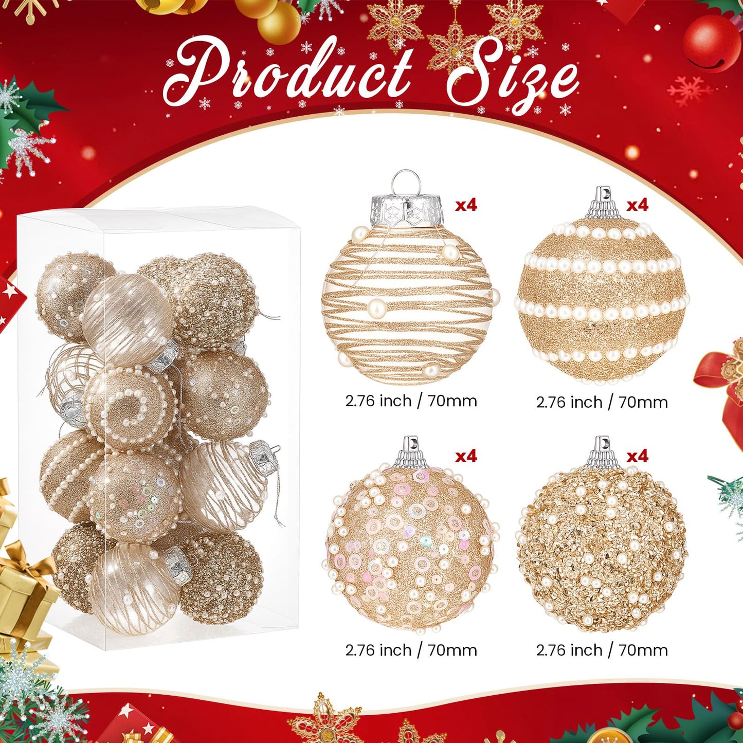 HyDren 16 Pcs Champagne Gold 2.76" Christmas Ball Ornaments Glitter Pearl & Sequin Christmas Ball Decorations Shatterproof Baubles Sparkling Pearl Shine Balls for Xmas Tree Birthday Halloween Wedding