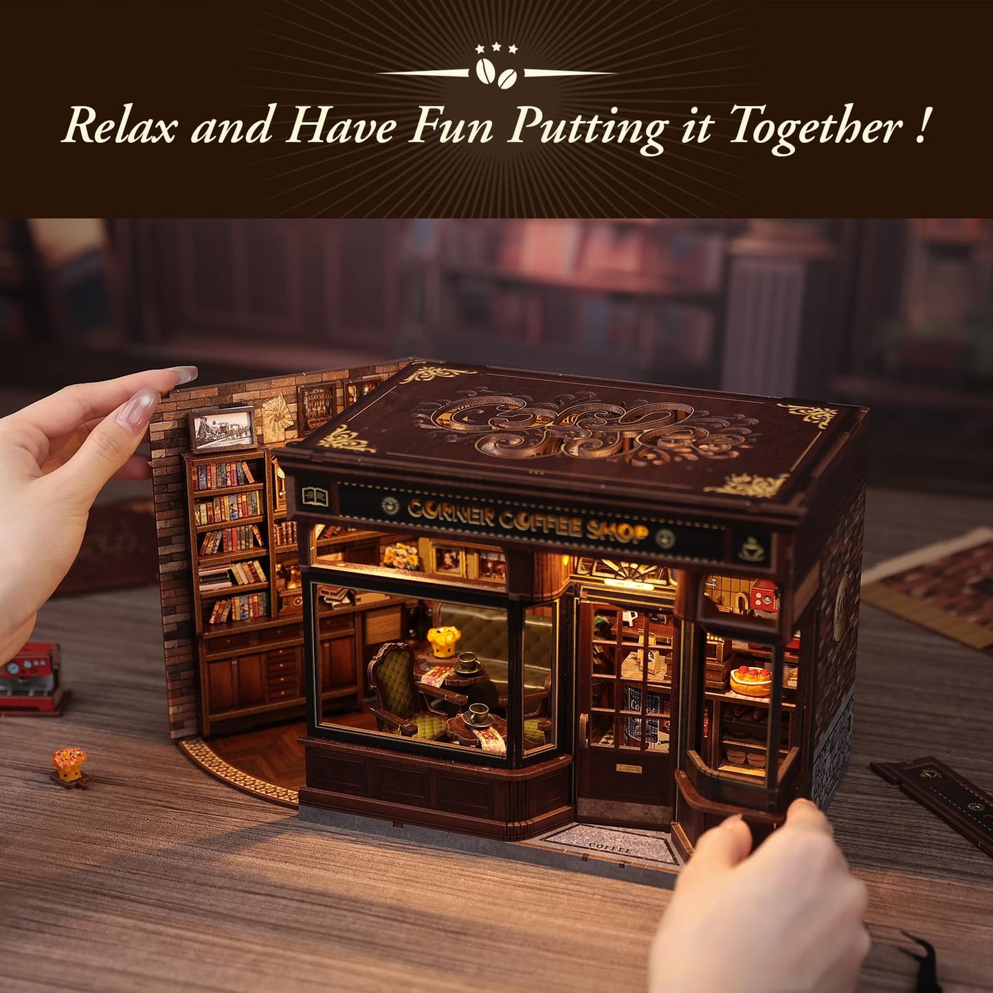 CUTEBEE Book Nook Kit, DIY Miniature Dollhouse Kits for Adult and Teens, 3D Wooden Puzzle, Mini Booknook Tiny House Model Building Kit, Decorative Bookend with LED, Craft Gifts for Family, Friends