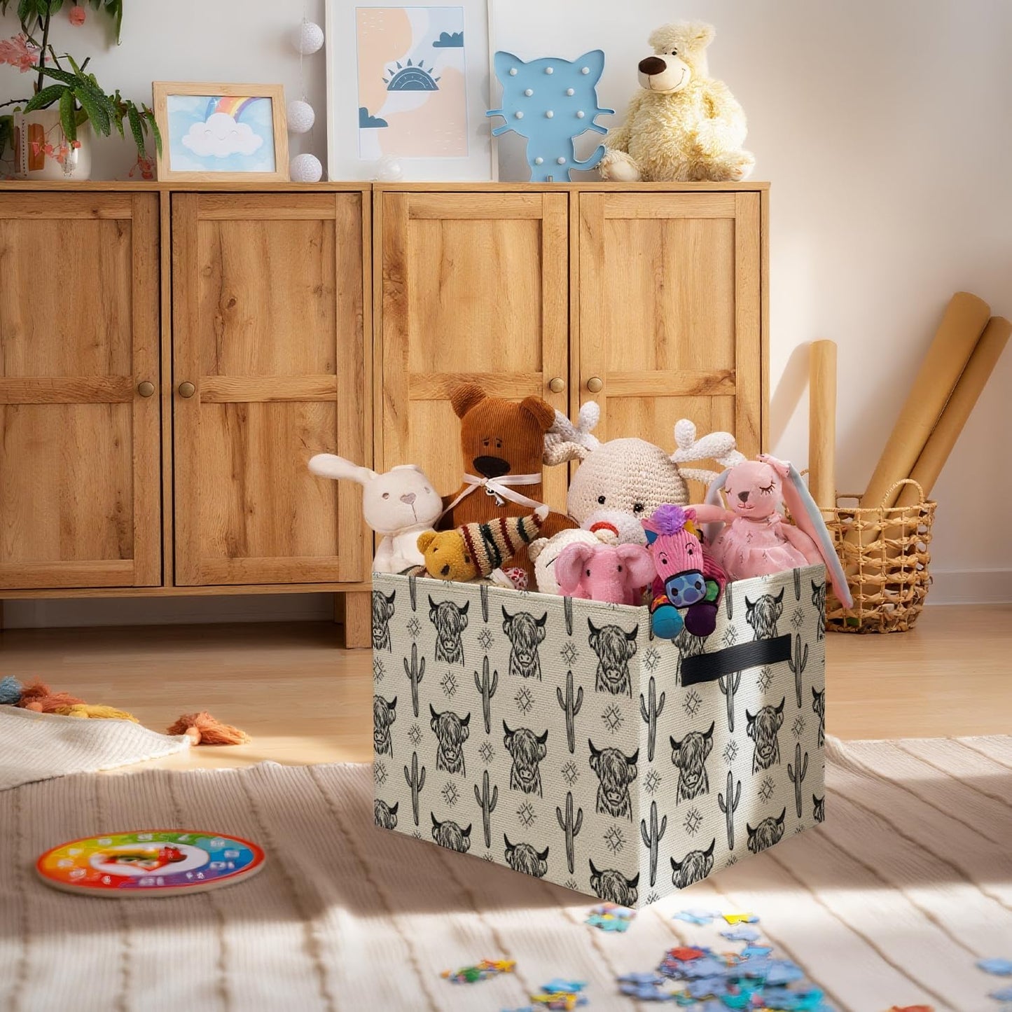 ATBWGT Western Highland Cow Storage Bins Box, Toybox for Boys Girls, Retro Western Cactus Cow Foldable Storage Baskets Organizer for Bedroom Bathroom Kids Room Dorm Clothes Toys Books