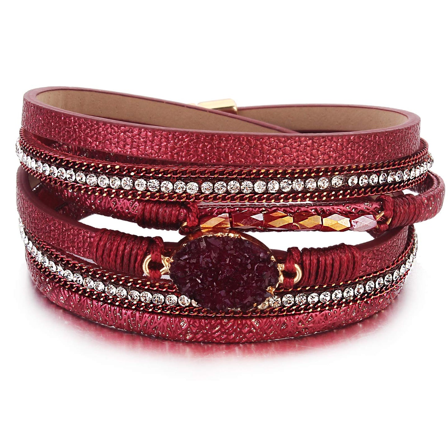 FANCY SHINY Boho Leather Wrap Bracelet Stackable Chunky Crystal Cuff Bracelets with Magnetic Clasp Cowboy Cowgirl Western Summer Beach Outfits Jewelry Gifts for Women (14.7", Burgundy)