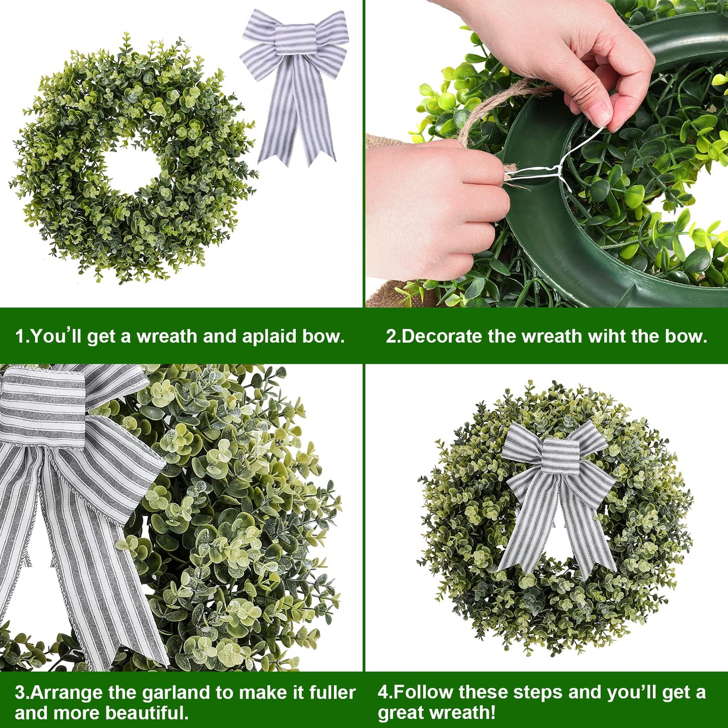 Pansu 19 Inch Boxwood Wreath, 3 Different Bows,Artificial Spring, Summer, Fall, or Winter Wreath ，Weatherproof Indoor/Outdoor Wreaths for Front Door