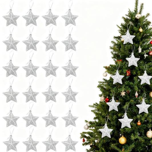 24Pcs Silver Glitter Star Ornaments Christmas Tree Mini Star Hanging Decoration Plastic Glitter Bulk Xmas Tree Pendant Embellishments for Holiday Parties Weddings Home Decoration