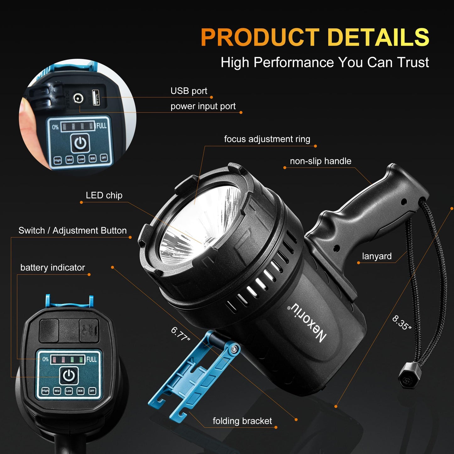 Nexoriu LED Spotlight 10000LM Super Bright, 14.8V 4500mAh Rechargeable Battery, 1500m Long Range Handheld Search Light, IP65 Waterproof with 3 Modes & SOS for Camping, Hunting & Emergency Repair