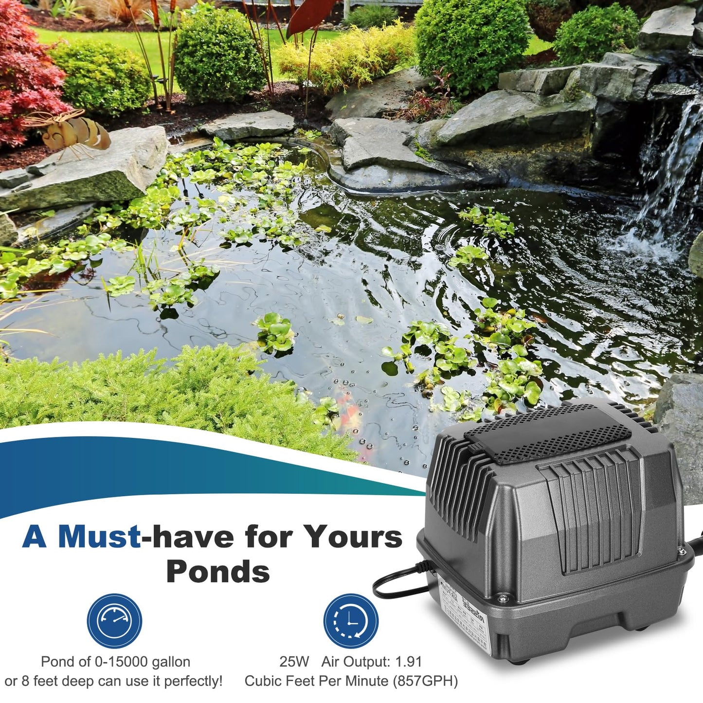 Pond Aerator|Septic Tank Air Pump| Premium Koi Fish Pond Aeration System| Applicable Depth 0-8 feet| 1.91CFM 4.35PSI 25W| Includes Two 20ft Rubber Airlines and Diffusers