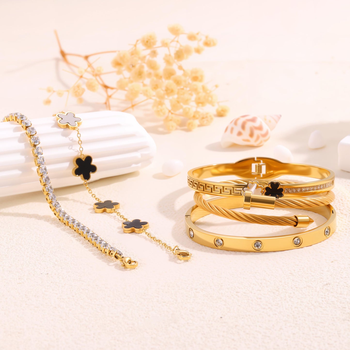 Camhanno 18K Gold Plated Bracelet Set for Women, Stainless Steel Bangle Set with Four Leaf Clover, Crystal Rhinestone Lucky Charm Jewelry, 5-Piece (Black Clover Bracelet Collection)