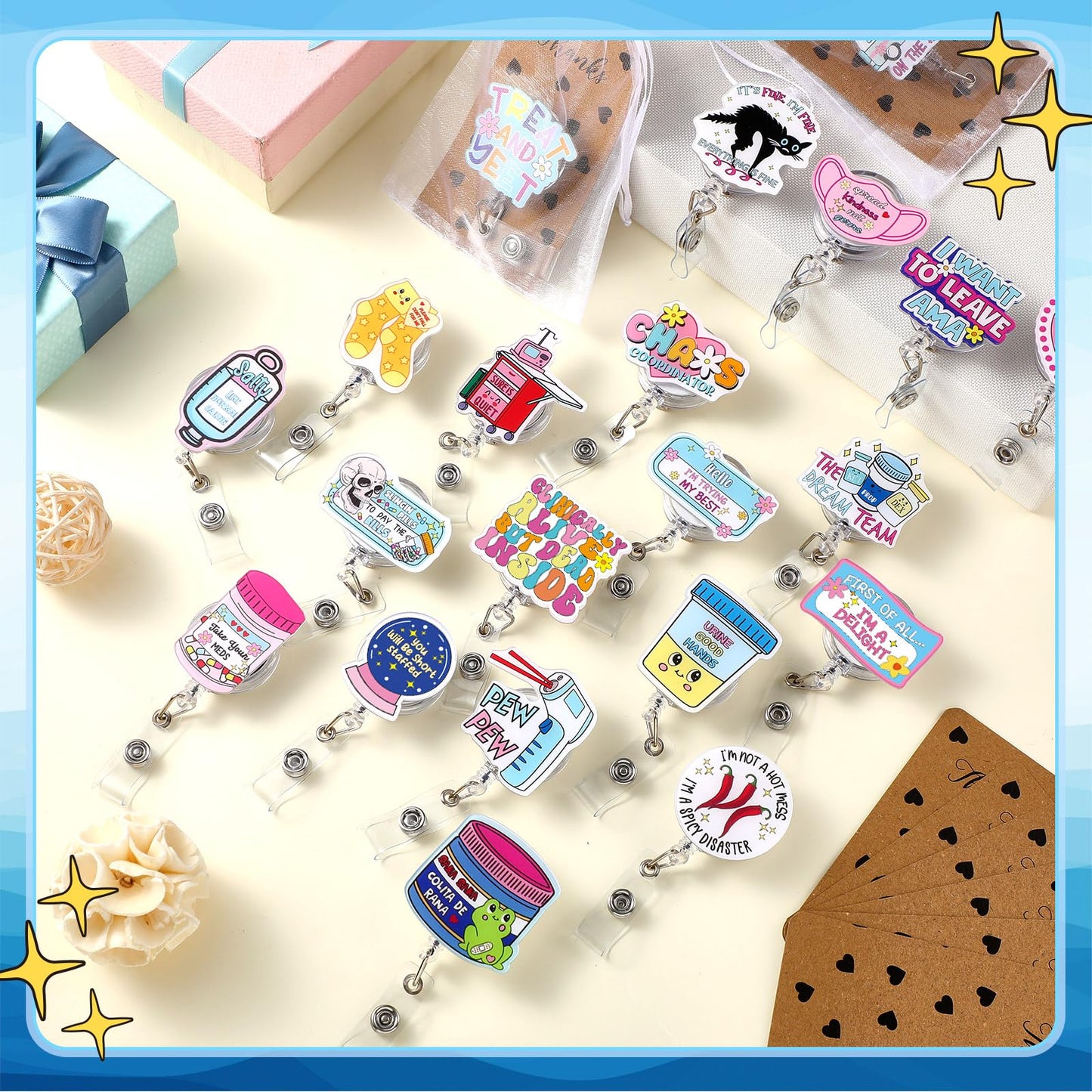 Liliaafar 25 Sets Nurse Funny Badge Reel Cute Retractable Name ID Clip with Cards and Organza Bags Acrylic Badge Holder for Doctor Medical Assistant Men Women Office Lanyard Supplies Bulk Gifts