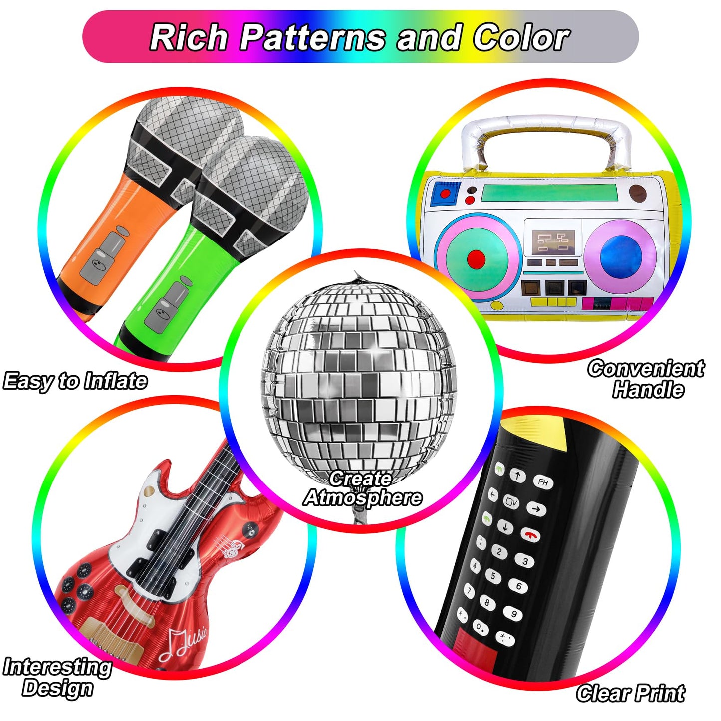 Amandir 80s 90s Theme Party Decorations, 90Pcs Balloon Garland Kit 6PCS Disco Ball Radio Boom Box Retro Mobile Phone Guitar Microphone Foil Balloons for Back to 80s 90s Hip Hop Birthday Supplies