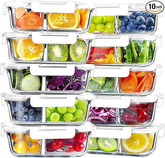 VERONES 10 Pack Glass Meal Prep Containers 2 Compartment Set, 30 OZ Airtight Glass Lunch Containers, Glass Food Storage Containers with Lids, for Microwave, Oven, Freezer & Dishwasher Friendlyï¼White