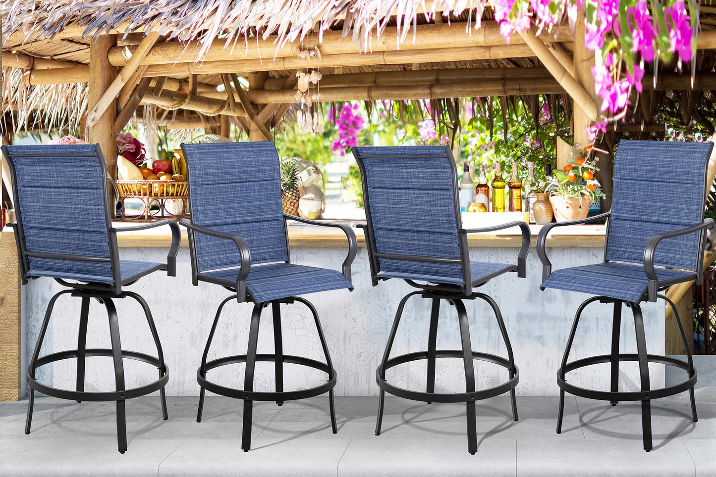 Shintenchi 4 Piece Patio Swivel Bar Chairs, All Weather Padded Textile Outdoor Metal Bar Stools Patio Chairs Set of 4, High Top Bistro Set Furniture for Balcony, Backyard, Lawn Garden, Deck, Deep Blue