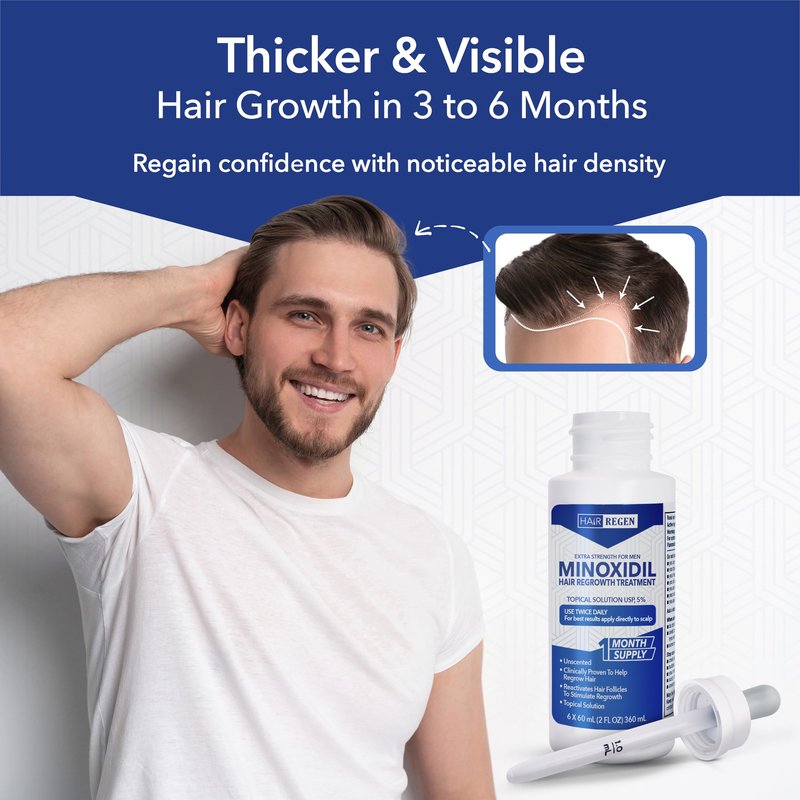 Hair Regen Liquid Minoxidil for Men 5% – Advanced Topical Solution for Regrowth – Growth Treatment for Men Hair Loss 6-Pack as 6-Month Supply Kit