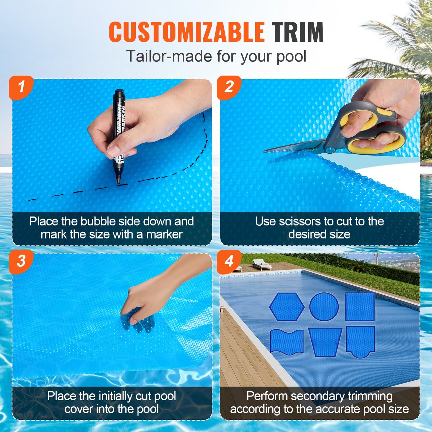 VEVOR Solar Pool Cover, 28 x 14 ft Rectangle Solar Cover 16 mil for Pools, Inground Above Ground Swimming Pool Solar Blanket with Bubble, Heat Retaining Solar Covers Blue
