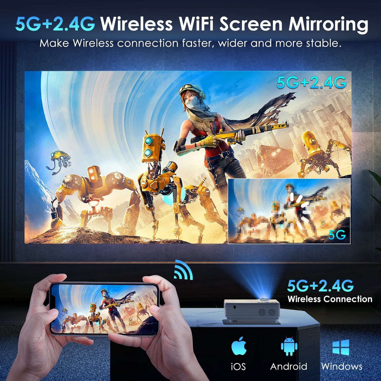 Projector with WiFi and Bluetooth, 5G WiFi Native 1080P 9500L YOWHICK Outdoor Projector 4K Support, Mini Portable Movie Projector, for HDMI, VGA, USB, Laptop, iOS & Android Phone